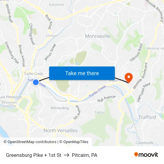 Greensburg Pike + 1st St to Pitcairn, PA map