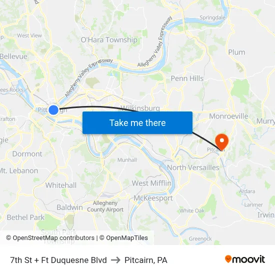 7th St + Ft Duquesne Blvd to Pitcairn, PA map