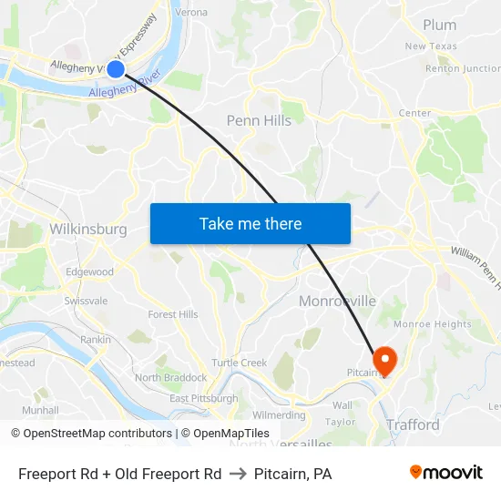 Freeport Rd + Old Freeport Rd to Pitcairn, PA map