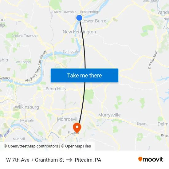 W 7th Ave + Grantham St to Pitcairn, PA map