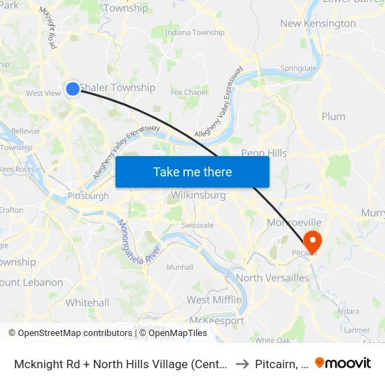 Mcknight Rd + North Hills Village (Center Ent) to Pitcairn, PA map