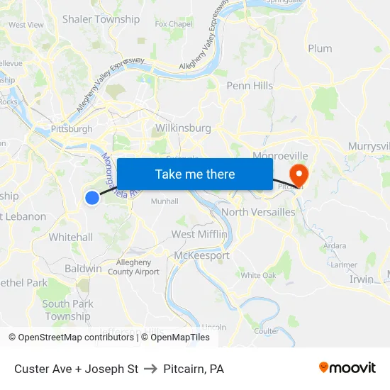 Custer Ave + Joseph St to Pitcairn, PA map