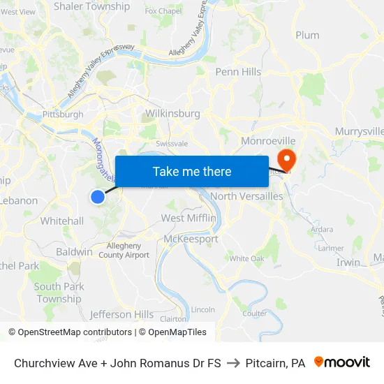 Churchview Ave + John Romanus Dr FS to Pitcairn, PA map