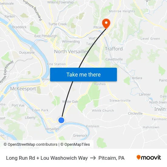 Long Run Rd + Lou Washowich Way to Pitcairn, PA map