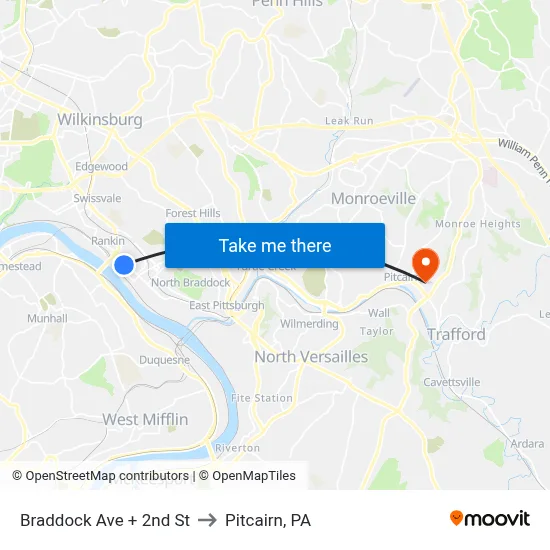 Braddock Ave + 2nd St to Pitcairn, PA map