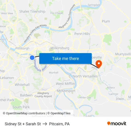 Sidney St + Sarah St to Pitcairn, PA map