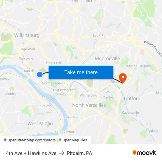 4th Ave + Hawkins Ave to Pitcairn, PA map
