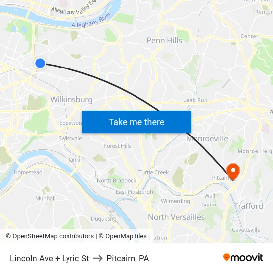 Lincoln Ave + Lyric St to Pitcairn, PA map