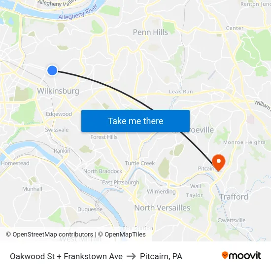 Oakwood St + Frankstown Ave to Pitcairn, PA map