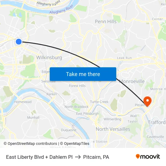 East Liberty Blvd + Dahlem Pl to Pitcairn, PA map