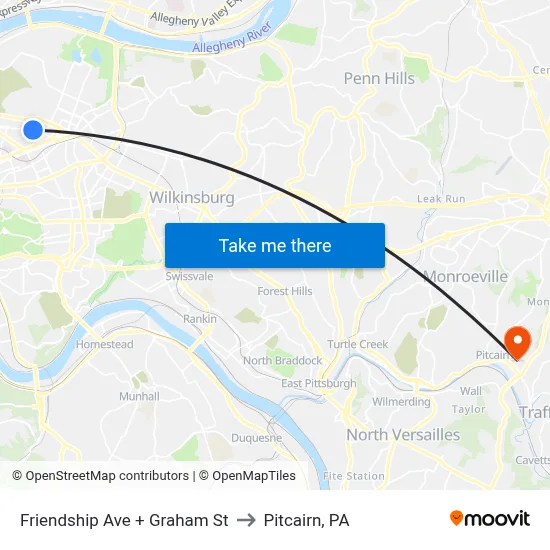 Friendship Ave + Graham St to Pitcairn, PA map
