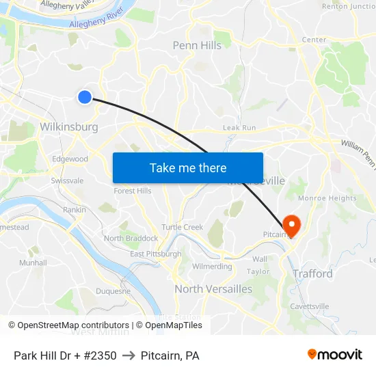 Park Hill Dr + #2350 to Pitcairn, PA map