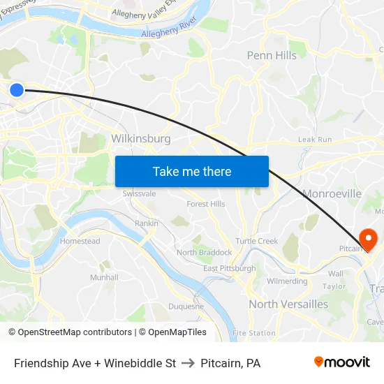 Friendship Ave + Winebiddle St to Pitcairn, PA map