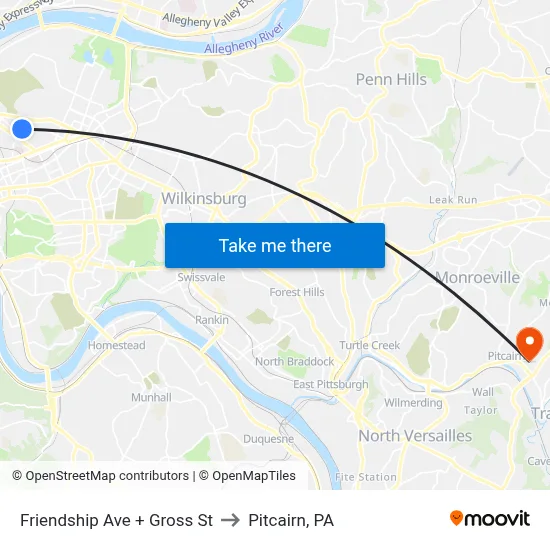 Friendship Ave + Gross St to Pitcairn, PA map