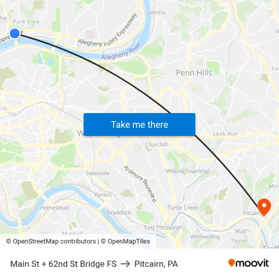 Main St + 62nd St Bridge FS to Pitcairn, PA map