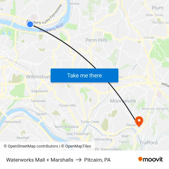 Waterworks Mall + Marshalls to Pitcairn, PA map