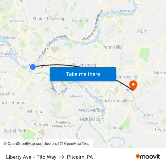 Liberty Ave + Tito Way to Pitcairn, PA map