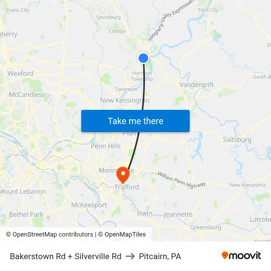 Bakerstown Rd + Silverville Rd to Pitcairn, PA map