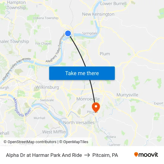 Alpha Dr at Harmar Park And Ride to Pitcairn, PA map