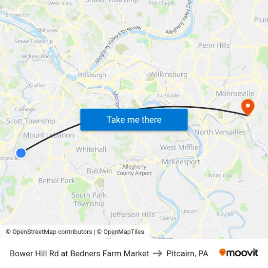Bower Hill Rd at Bedners Farm Market to Pitcairn, PA map