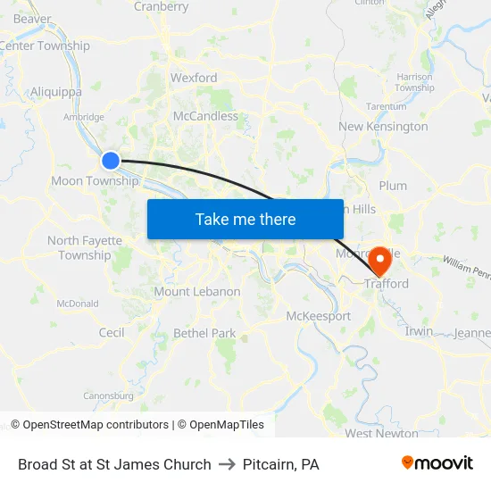 Broad St at St James Church to Pitcairn, PA map