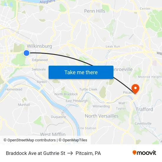 Braddock Ave at Guthrie St to Pitcairn, PA map