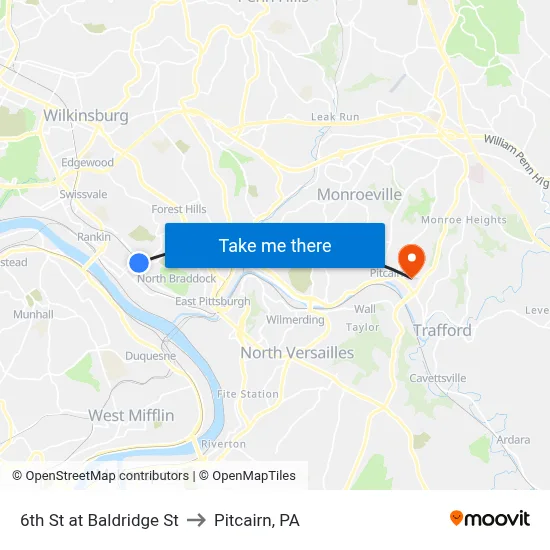 6th St at Baldridge St to Pitcairn, PA map