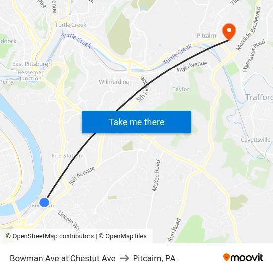 Bowman Ave at Chestut Ave to Pitcairn, PA map