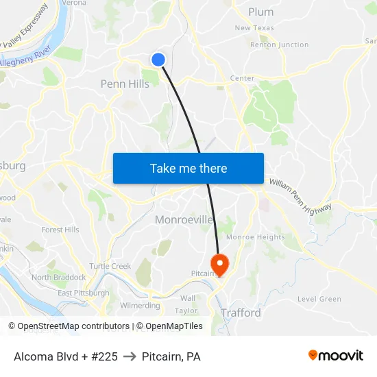 Alcoma Blvd + #225 to Pitcairn, PA map
