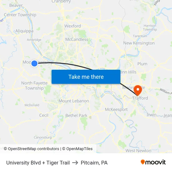 University Blvd + Tiger Trail to Pitcairn, PA map