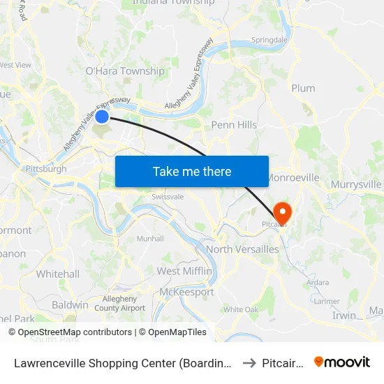Lawrenceville Shopping Center (Boarding Stop-Shelter) to Pitcairn, PA map