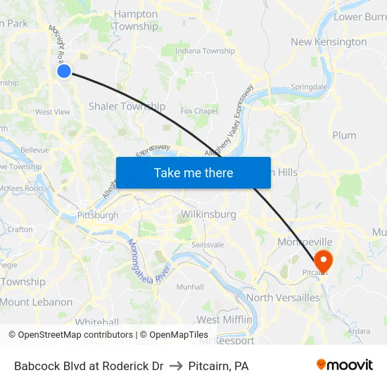 Babcock Blvd at Roderick Dr to Pitcairn, PA map