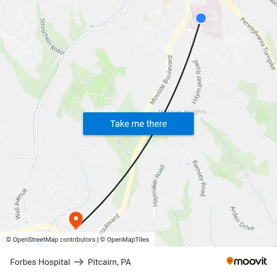 Forbes Hospital to Pitcairn, PA map