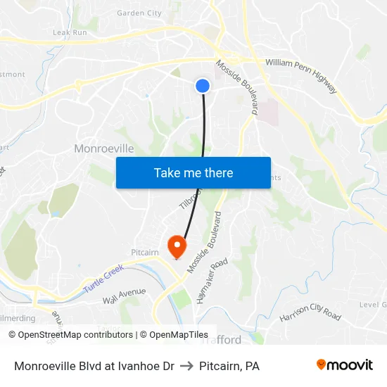 Monroeville Blvd at Ivanhoe Dr to Pitcairn, PA map