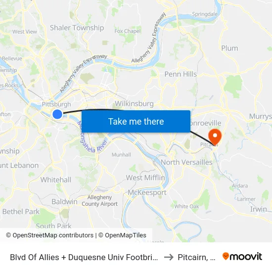 Blvd Of Allies + Duquesne Univ Footbridge to Pitcairn, PA map