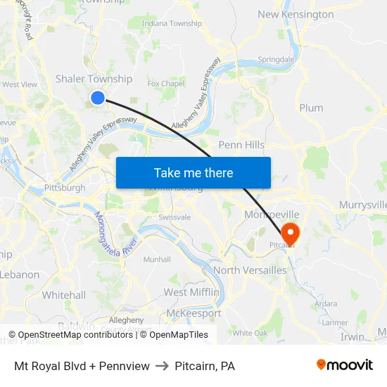 Mt Royal Blvd + Pennview to Pitcairn, PA map