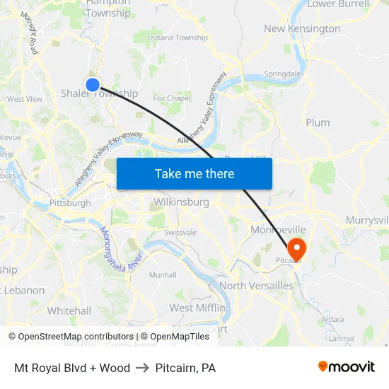 Mt Royal Blvd + Wood to Pitcairn, PA map