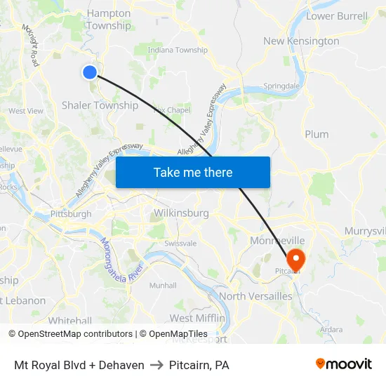 Mt Royal Blvd + Dehaven to Pitcairn, PA map