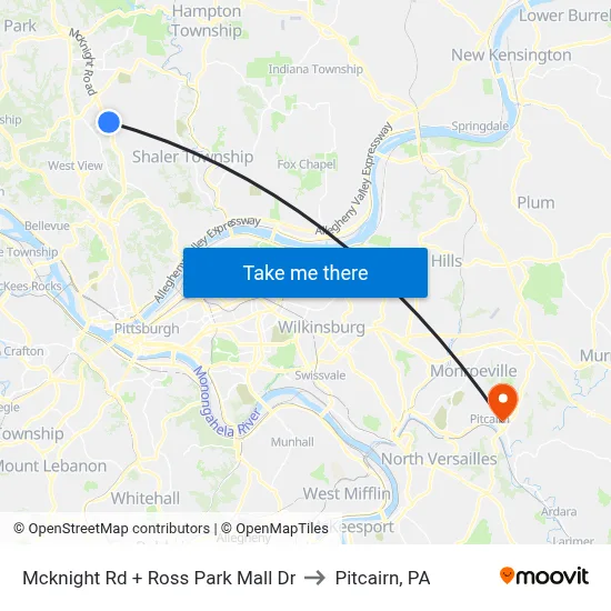 Mcknight Rd + Ross Park Mall Dr to Pitcairn, PA map