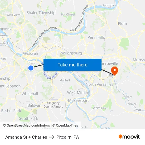 Amanda St + Charles to Pitcairn, PA map