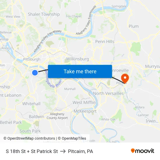 S 18th St + St Patrick St to Pitcairn, PA map