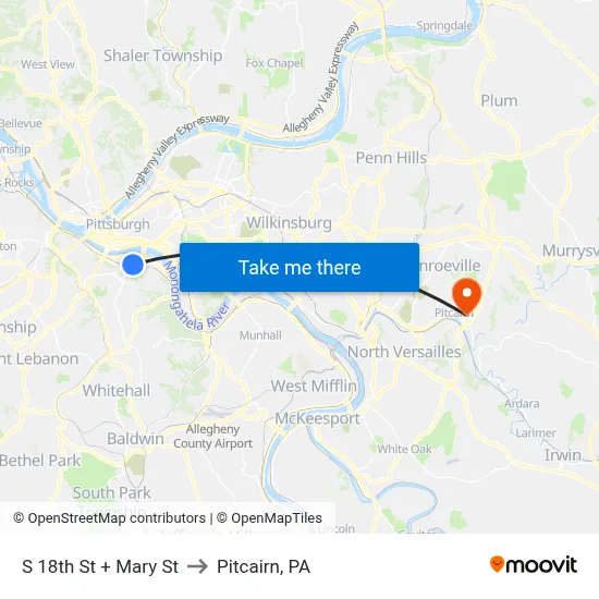S 18th St + Mary St to Pitcairn, PA map