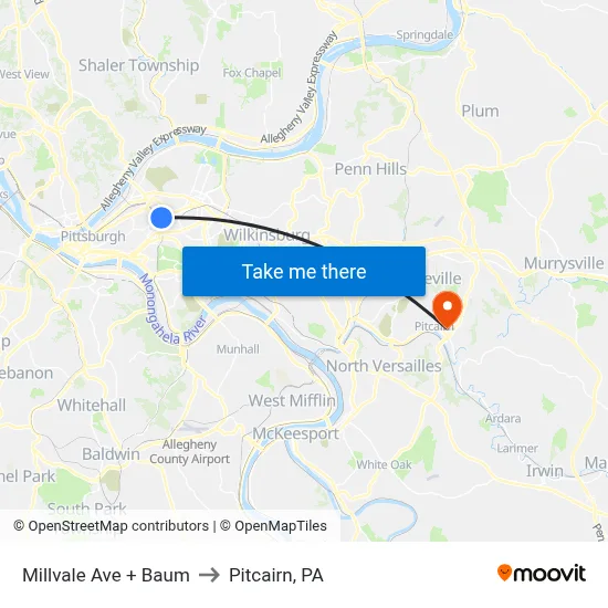 Millvale Ave + Baum to Pitcairn, PA map