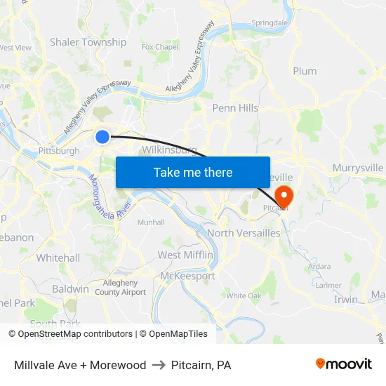 Millvale Ave + Morewood to Pitcairn, PA map