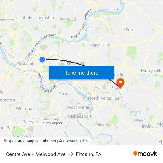 Centre Ave + Melwood Ave to Pitcairn, PA map