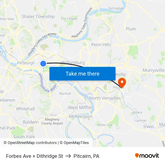 Forbes Ave + Dithridge St to Pitcairn, PA map