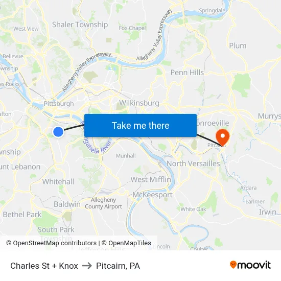 Charles St + Knox to Pitcairn, PA map