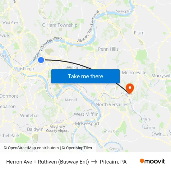Herron Ave + Ruthven (Busway Ent) to Pitcairn, PA map