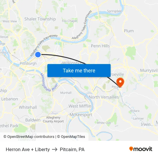 Herron Ave + Liberty to Pitcairn, PA map