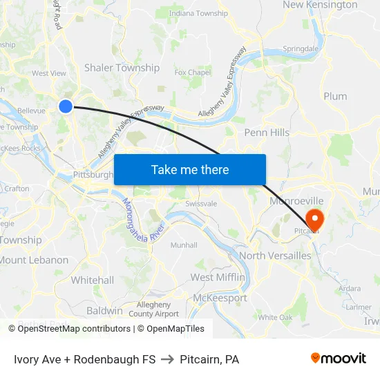 Ivory Ave + Rodenbaugh FS to Pitcairn, PA map
